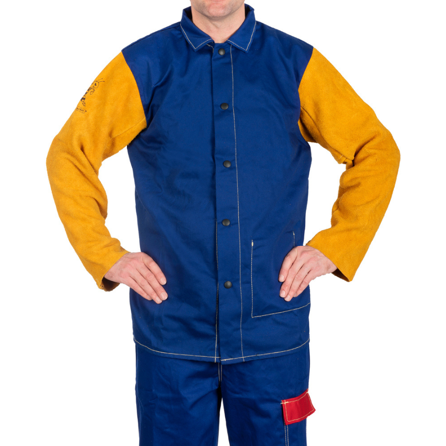 Weldas Yellow Jacket, flammenresistente Schweißerjacke mit Rinds-Spaltleder Ärmeln - PrimeWelding