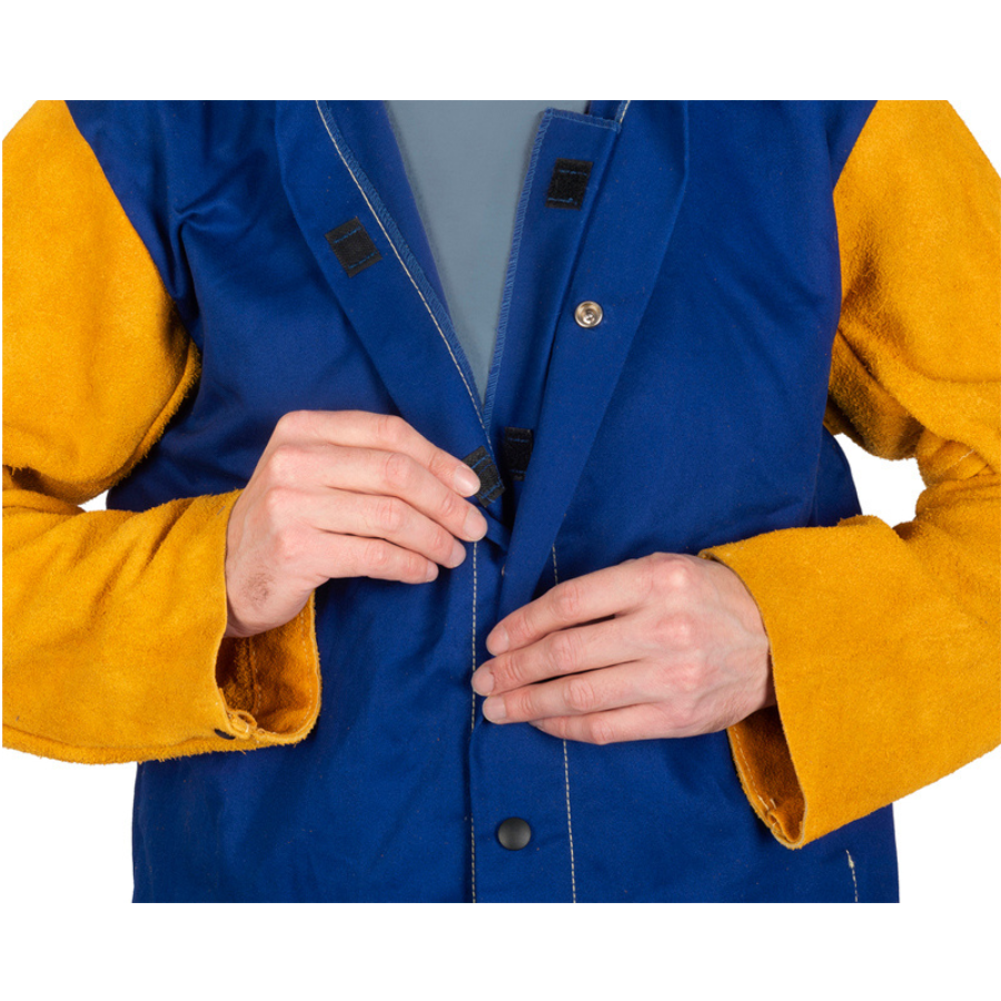 Weldas Yellow Jacket, flammenresistente Schweißerjacke mit Rinds-Spaltleder Ärmeln - PrimeWelding