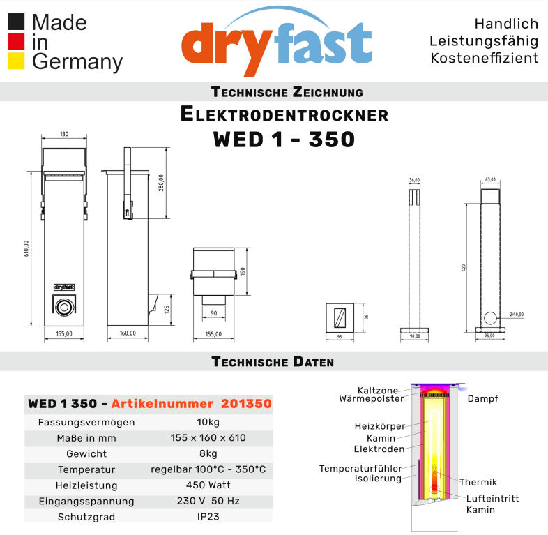 Stabelektroden-Trockenofen Elektrodentrockner DryFast WED 1 / 350 10 kg / 350°C - PrimeWelding